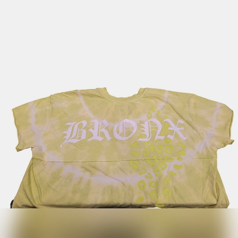 SPIRIT JERSEY Shirt Tie Dye Yellow Bronx NY Crop Top Raw Hem Women's Size Small